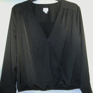A New Day Size Large Crossover Silky Poly/Spandex Long Sleeve Blouse black